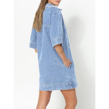 Fisoew Womens Denim Dress V Neck Collared Mini with Pockets