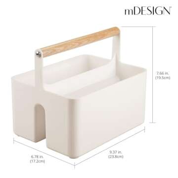 mDesign Plastic Portable Nursery Organizer Caddy Tote, Divided Basket Bin with Natural Oak Handle - Hold Bottles, Spoons, Bibs, Pacifiers, Diapers, Wipes, Baby Lotion - Aura Collection - Cream/Natural