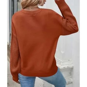 ZESICA Women's 2024 Fall Long Sleeve Crew Neck Solid Color Cable Knit Chunky Casual Oversized Pullover Sweater Tops,DeepOrange,Small