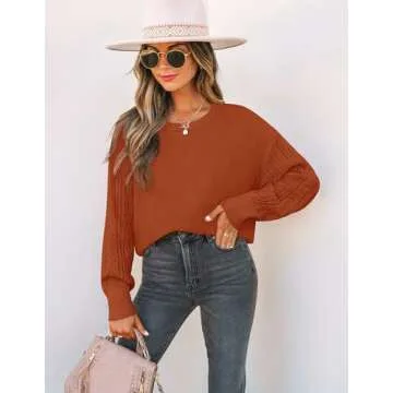 ZESICA Women's 2024 Fall Long Sleeve Crew Neck Solid Color Cable Knit Chunky Casual Oversized Pullover Sweater Tops,DeepOrange,Small