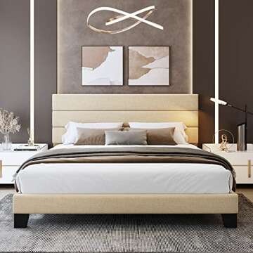 WEEWAY King Bed Frame Platform Bed with Linen Fabric Upholstered Headboard and Wooden Slats Support, Heavy Duty Mattress Foundation, No Box Spring Needed, Easy Assembly, Beige