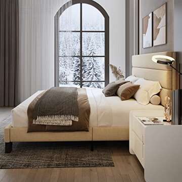 WEEWAY King Bed Frame Platform Bed with Linen Fabric Upholstered Headboard and Wooden Slats Support, Heavy Duty Mattress Foundation, No Box Spring Needed, Easy Assembly, Beige
