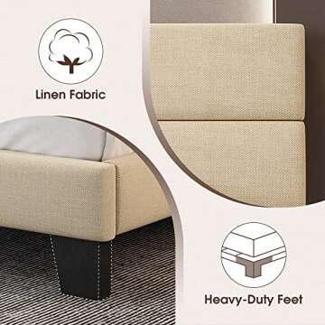 WEEWAY King Bed Frame Platform Bed with Linen Fabric Upholstered Headboard and Wooden Slats Support, Heavy Duty Mattress Foundation, No Box Spring Needed, Easy Assembly, Beige