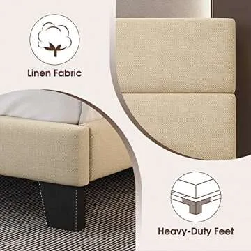 WEEWAY King Bed Frame Platform Bed with Linen Fabric Upholstered Headboard and Wooden Slats Support, Heavy Duty Mattress Foundation, No Box Spring Needed, Easy Assembly, Beige