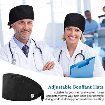 SATINIOR 4 Pieces Adjustable Bouffant Hats Button Sweatband Cap Tie Back Hats for Women Men (Black)
