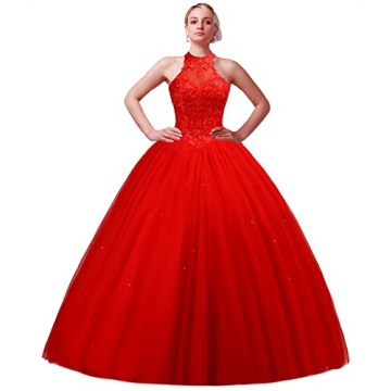 CharmingBridal Halter Quinceanera Dress Prom Pageant Party Sweet 16 Ball Gowns Red