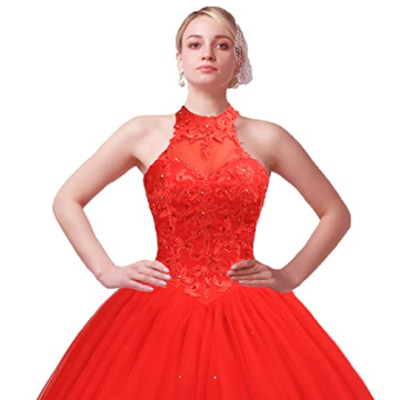 CharmingBridal Halter Quinceanera Dress Prom Pageant Party Sweet 16 Ball Gowns Red