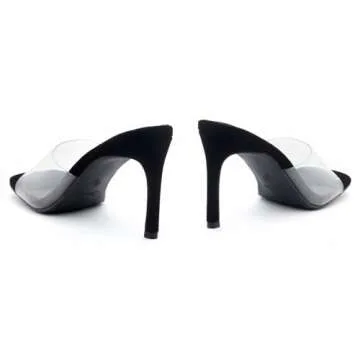 Shoe Land Melrose Women's High Heels Stiletto Heeled Slides, Square Open Toe One Band Slip-On Heeled Mules – Dressy Clear Heeled Sandals for Prom Party Wedding and Vacation, ClearBlack, Size 11.0