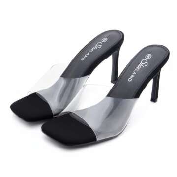 Shoe Land Melrose Women's High Heels Stiletto Heeled Slides, Square Open Toe One Band Slip-On Heeled Mules – Dressy Clear Heeled Sandals for Prom Party Wedding and Vacation, ClearBlack, Size 11.0