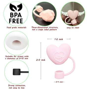Straw Cover Cap for Stanley Cup, 4pcs 0.4in 10mm Diameter Reusable Dust-Proof Straw Topper Compatible with Simple Modern and Tumbler with Lid and Straw, Valentine's Day gift(4pcs pink love set)