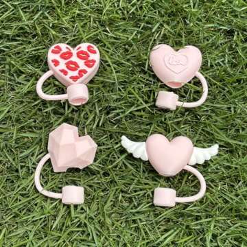 Straw Cover Cap for Stanley Cup, 4pcs 0.4in 10mm Diameter Reusable Dust-Proof Straw Topper Compatible with Simple Modern and Tumbler with Lid and Straw, Valentine's Day gift(4pcs pink love set)