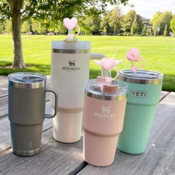 Straw Cover Cap for Stanley Cup, 4pcs 0.4in 10mm Diameter Reusable Dust-Proof Straw Topper Compatible with Simple Modern and Tumbler with Lid and Straw, Valentine's Day gift(4pcs pink love set)