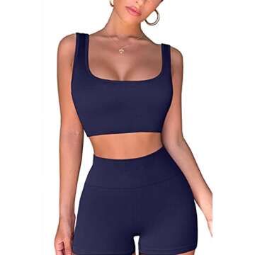 QINSEN Women Seamless Yoga Set 2 Piece Workout Sport Bra High Waist Shorts Legging Outfit Tracksuit Dark Blue M