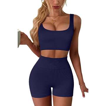 QINSEN Women Seamless Yoga Set 2 Piece Workout Sport Bra High Waist Shorts Legging Outfit Tracksuit Dark Blue M