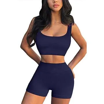 QINSEN Women Seamless Yoga Set 2 Piece Workout Sport Bra High Waist Shorts Legging Outfit Tracksuit Dark Blue M