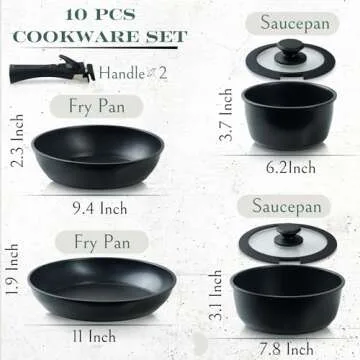 Moss & Stone 10pcs Black Pots and Pans Set Non Stick, Cookware Sets Detachable Handle, RV Kitchen Se...