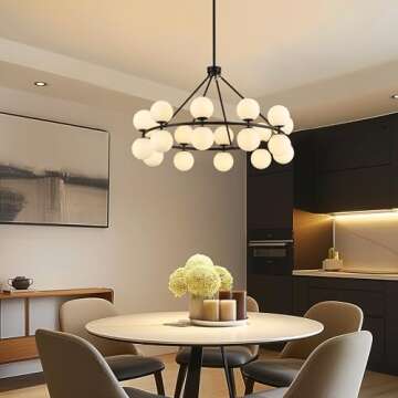 MERCASA Modern Black Chandeliers 35" Large Round Chandelier with Milk Glass Balls Wagon Wheel Ceilin...