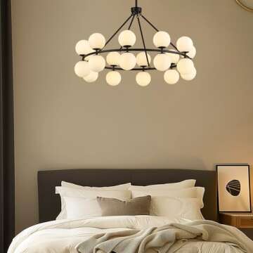 MERCASA Modern Black Chandeliers 35" Large Round Chandelier with Milk Glass Balls Wagon Wheel Ceiling Pendant Light Fixture Farmhouse for Dining Room Living Room Staircase