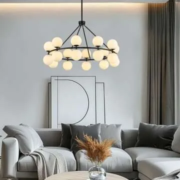 MERCASA Modern Black Chandeliers 35" Large Round Chandelier with Milk Glass Balls Wagon Wheel Ceiling Pendant Light Fixture Farmhouse for Dining Room Living Room Staircase