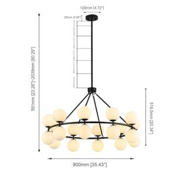 MERCASA Modern Black Chandeliers 35" Large Round Chandelier with Milk Glass Balls Wagon Wheel Ceiling Pendant Light Fixture Farmhouse for Dining Room Living Room Staircase