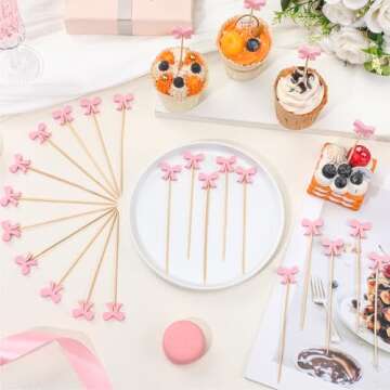 Tioncy100 Pcs Pink Bow Cocktail Picks Swizzle Stick Toothpicks 4.72 Inch Long Bamboo Fancy Toothpicks for Appetizers Drinks Birthday Bridal Wedding Baby Shower Pink Bow Party Decor