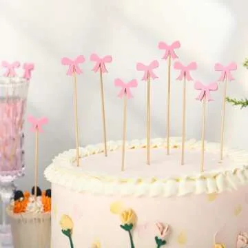 Tioncy100 Pcs Pink Bow Cocktail Picks Swizzle Stick Toothpicks 4.72 Inch Long Bamboo Fancy Toothpicks for Appetizers Drinks Birthday Bridal Wedding Baby Shower Pink Bow Party Decor