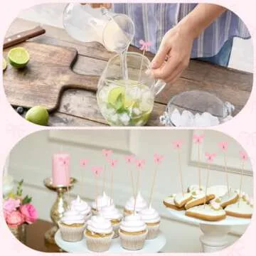Tioncy100 Pcs Pink Bow Cocktail Picks Swizzle Stick Toothpicks 4.72 Inch Long Bamboo Fancy Toothpicks for Appetizers Drinks Birthday Bridal Wedding Baby Shower Pink Bow Party Decor