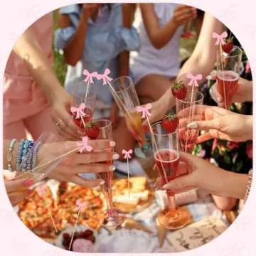 Tioncy100 Pcs Pink Bow Cocktail Picks Swizzle Stick Toothpicks 4.72 Inch Long Bamboo Fancy Toothpicks for Appetizers Drinks Birthday Bridal Wedding Baby Shower Pink Bow Party Decor