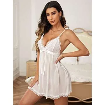 WDIRARA Women's Night Gown Floral Lace V Neck Sheer Mesh Sexy Cami Chemise Sleep Wear Pajama Dress White