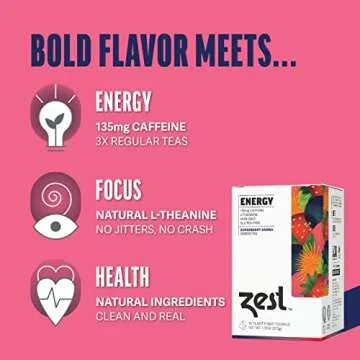 Zest Tea Energy Hot Tea, High Caffeine Blend Natural & Healthy Black Coffee Substitute, Perfect for Keto, 135 mg Caffeine per Serving, Superberry Samba Green Tea, Box of 15 Sachet Bags