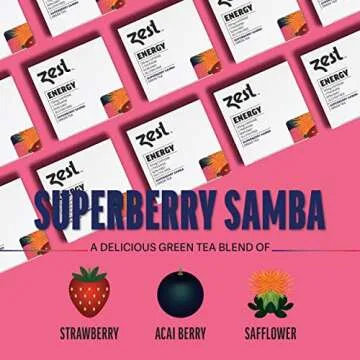 Zest Tea Energy Hot Tea, High Caffeine Blend Natural & Healthy Black Coffee Substitute, Perfect for Keto, 135 mg Caffeine per Serving, Superberry Samba Green Tea, Box of 15 Sachet Bags