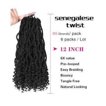 TOZIKA Wavy Senegalese Twist Crochet Hair 12 Inch for Black Women Pre-twisted Kids Crochet Hair 6 Packs Braids Ends Synthetic Hair Extension(1B#)