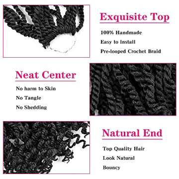 TOZIKA Wavy Senegalese Twist Crochet Hair 12 Inch for Black Women Pre-twisted Kids Crochet Hair 6 Packs Braids Ends Synthetic Hair Extension(1B#)