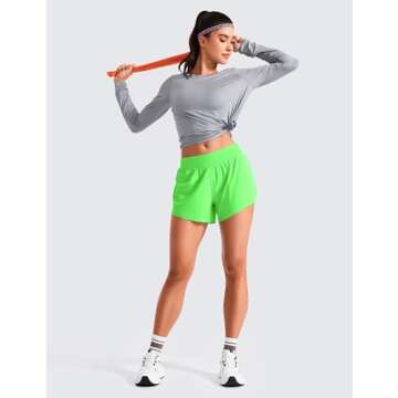 CRZ YOGA Mid Waisted Dolphin Athletic Shorts for Women 4" Lightweight High Split for Gym Workout with Liner Quick Dry Neon Apple Green Medium