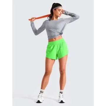 CRZ YOGA Mid Waisted Dolphin Athletic Shorts for Women 4" Lightweight High Split for Gym Workout with Liner Quick Dry Neon Apple Green Medium