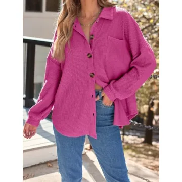 AUTOMET Womens Fall Cothes 2025 Fashion Country Concert Outfits Waffle Knit Shackets Corduroy Jackets Button Down Shirts Tops HotPink L