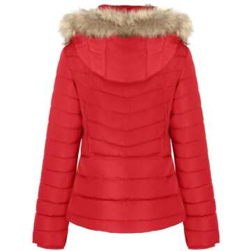 BodiLove Women's Fur Hooded Warm Winter Coat Quilted Puffer Jacket Wind Blocker Red