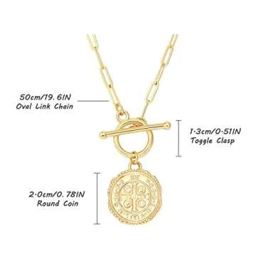 SOFYBJA Saint Benedict Medals Necklace 18K Gold Paperclip Toggle Medallion Coin Cross Pendant Necklaces
