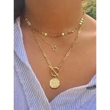 SOFYBJA Saint Benedict Medals Necklace 18K Gold Paperclip Toggle Medallion Coin Cross Pendant Necklaces