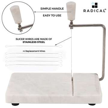 Radicaln Marble Cheese Slicer White 8"x5" Inch Cheese Cutter Handmade Cutting Board With Wire - Multi Purpose Kitchen Gadgets Soft Food Slicer Vegetable Cutter - Comes With 4 Replacement Wires