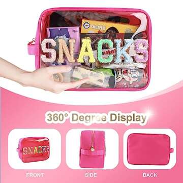 Bricte Large Clear Snack Bags Glitter Chenille SNACKS Pouch for Travel Preppy Transparent SNACKS Bag Women TPU and Nylon (HotPink-Snacks)