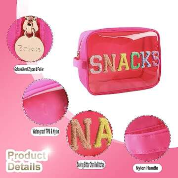 Bricte Large Clear Snack Bags Glitter Chenille SNACKS Pouch for Travel Preppy Transparent SNACKS Bag Women TPU and Nylon (HotPink-Snacks)