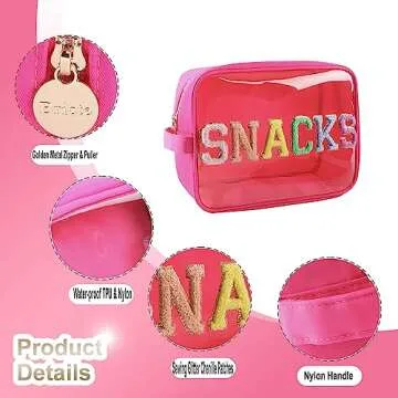 Bricte Large Clear Snack Bags Glitter Chenille SNACKS Pouch for Travel Preppy Transparent SNACKS Bag Women TPU and Nylon (HotPink-Snacks)