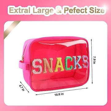Bricte Large Clear Snack Bags Glitter Chenille SNACKS Pouch for Travel Preppy Transparent SNACKS Bag Women TPU and Nylon (HotPink-Snacks)