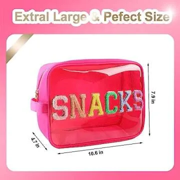 Bricte Large Clear Snack Bags Glitter Chenille SNACKS Pouch for Travel Preppy Transparent SNACKS Bag Women TPU and Nylon (HotPink-Snacks)