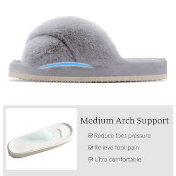 Comwarm Women's Cross Band Fuzzy Slippers Fluffy Open Toe House Slippers Cozy Plush Bedroom Shoes Indoor Outdoor, Grey Size 7-8