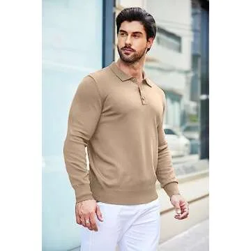 COOFANDY Men's Long Sleeve Polo Shirt Casual Knit Button Down Golf Shirt Khaki