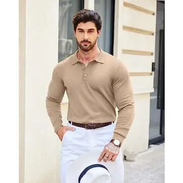 COOFANDY Men's Long Sleeve Polo Shirt Casual Knit Button Down Golf Shirt Khaki