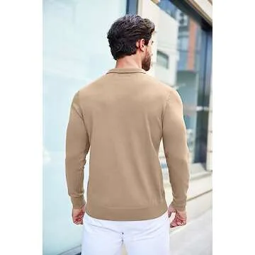 COOFANDY Men's Long Sleeve Polo Shirt Casual Knit Button Down Golf Shirt Khaki