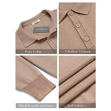 COOFANDY Men's Long Sleeve Polo Shirt Casual Knit Button Down Golf Shirt Khaki